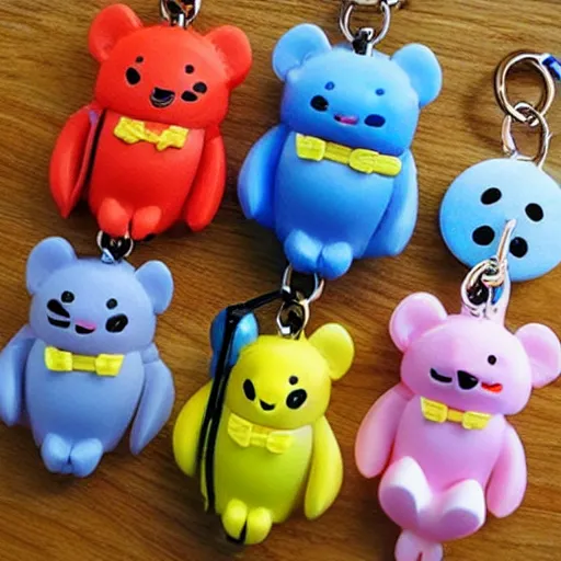 Prompt: some cute plastic toys that look like animal characters hanging from a backpack on a keychain, pastel colors