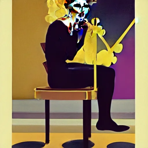 Image similar to Young Spanish man is Super Spy Captain, the Electric Boy, Art by Coles Phillips and Joshua Middleton, socks, Rene Magritte, succulent plants Chalk white skin, deep purple hair, Green eyes, Orange background, Mucha, Portrait of the man, surreal, ,carbon black and antique gold