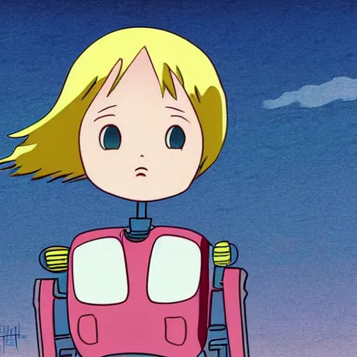 Image similar to A cute cartoon looking robot girl (or guy; your choice), standing and looking up at the sky. Illustration done in parody of works by Hayao Miyazaki.