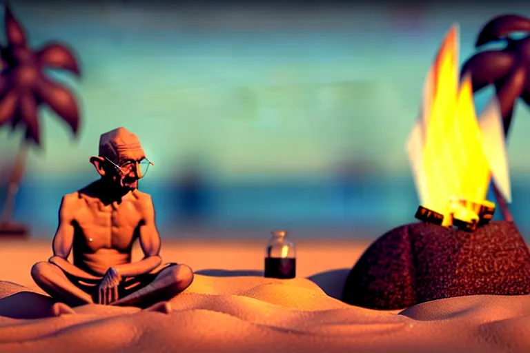 Image similar to gandhi with a big head and a small body, at the beach, sitting on the sand next to a campfire, with palm trees in the back, intricate detail, trending on artstation, sharp focus, illustration, caustics, octane render, radiant light, 4 k