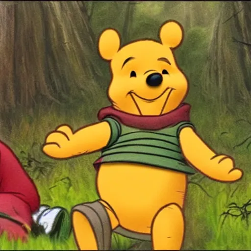 Image similar to winnie the pooh horror movie slasher, scary, creepy, realistic, cinematic