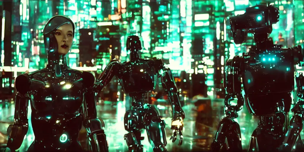 Image similar to Cyberpunk android chrome Robot fight movie escene, shot on imax, cinematic scene, CineStill 800T Film,