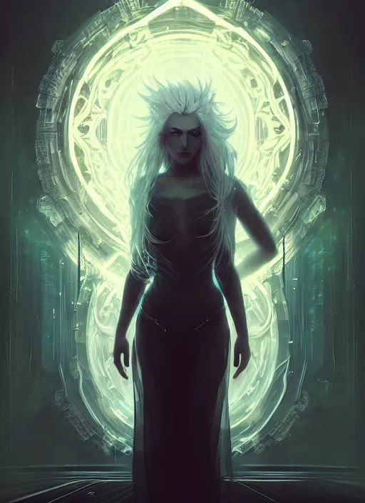 Image similar to a beautiful white haired pyromancer, intricate concept art, ethereal, ominous, mysterious, enchanted, magic, cosmic, dramatic lighting, illuminated lines, outrun, vaporware, illuminated runes, cyberpunk darksynth, dark background, 8 k, by ruan jia and krenz cushart and alphonse mucha