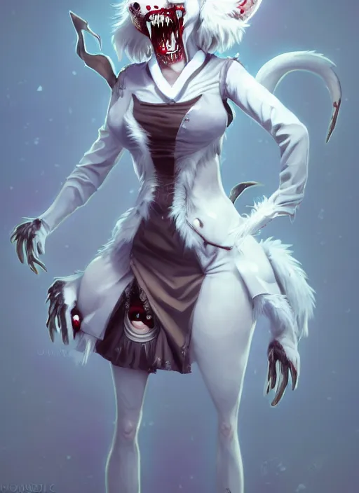 Image similar to wide angle beautiful full body portrait of a strong female damaged zombie anthropomorphic anthro white lynx fursona wearing a steampunk dress toothsome open mouth. character design by disney, anime, manga, charlie bowater, ross tran, artgerm, and makoto shinkai, detailed, soft lighting, rendered in octane