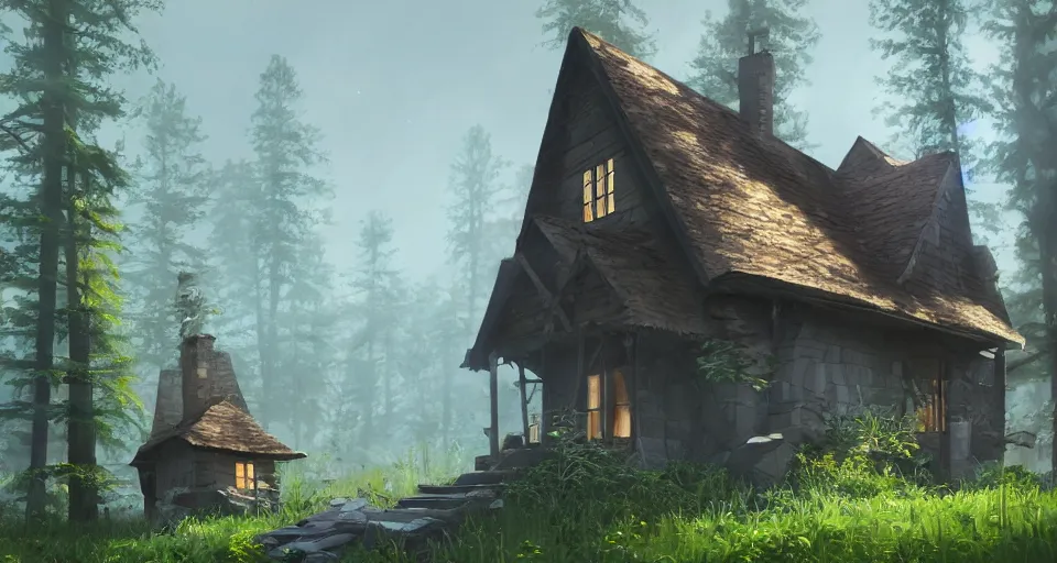Image similar to a painting of a house in the middle of a forest, a low poly render by senior environment artist, featured on polycount, fantasy art, artstation hq, 2 d game art, rendered in unreal engine