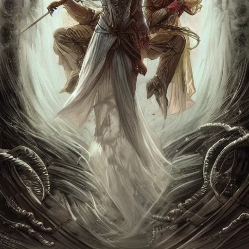 Image similar to D&D fighting ghosts wraiths specters spirits on ship lower deck, dark fantasy, intricate, elegant, highly detailed, digital painting, artstation, concept art, smooth, sharp focus, illustration, wide angle shot, full body visible, art by artgerm and H R Giger and alphonse mucha