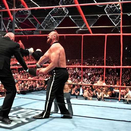 Prompt: triple h throws vince mcmahon off the top of the hell in a cell cage, highly realistic, sports photography, action shot, indoor arena,