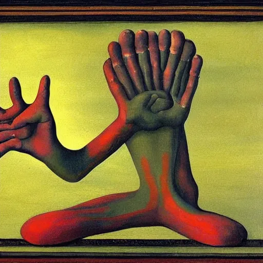 Image similar to a painting of a strange mythical beast with hands replaced by feet and the feet replaced with hands, in the style of Max Ernst