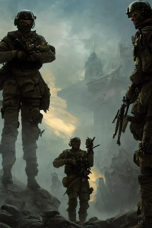 Image similar to a cinematic shot of a special forces unit with ukrainian flag and standing ready to fight, masculine figure, d & d, fantasy, bright atmosphere, volumetric lights, intricate, elegant, extremely detailed, digital painting, artstation, concept art, matte, smooth, sharp focus, hyper realistic, illustration, art by artgerm and greg rutkowski and alphonse mucha