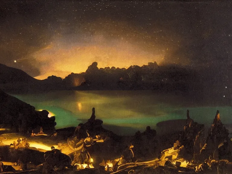 Image similar to an oil painting of a volcanic lake of black oil at dusk with aurora and stars lighting up the sky by carl spitzweg and tuomas korpi. baroque elements, full-length view. baroque element. intricate artwork by caravaggio. Trending on artstation. 8k