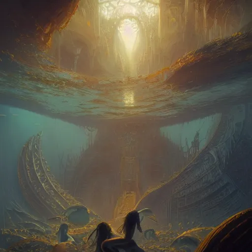 Prompt: a beautiful stunning interesting fantasy digital matte illustration by Grzegorz greg rutkowski and Marc Simonetti and James Jean, of an Atlantis atlantian market with mermaids underwater, yellow and gold color palette, trending on artstation hq
