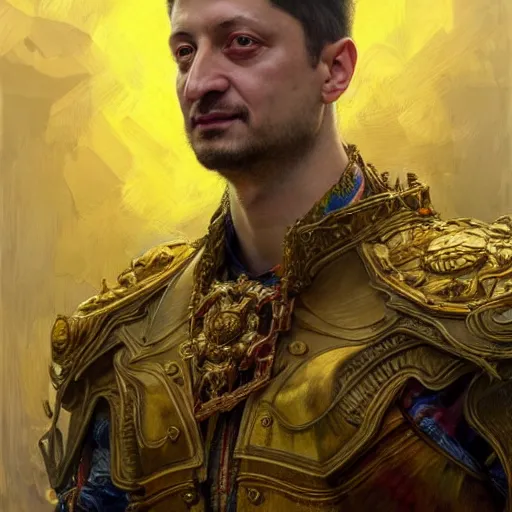 Image similar to highly detailed full portrait of volodymyr zelensky, art by donato giancola and ruan jia and carl larsson and magali villeneuve. trending on artstation, intricate details, energetic composition, golden ratio, concept art, illustration, elegant art