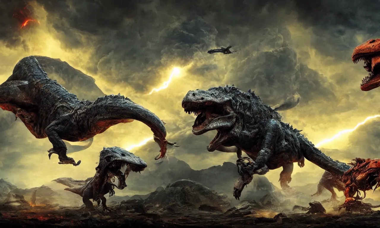 Image similar to prehistoric alien yajuta predator battling a tyrannosaurus, dinosaur slayer, volcanic landscape, dynamic storm clouds vortex, meteor asteroids crashing, epic cinematic matte painting,