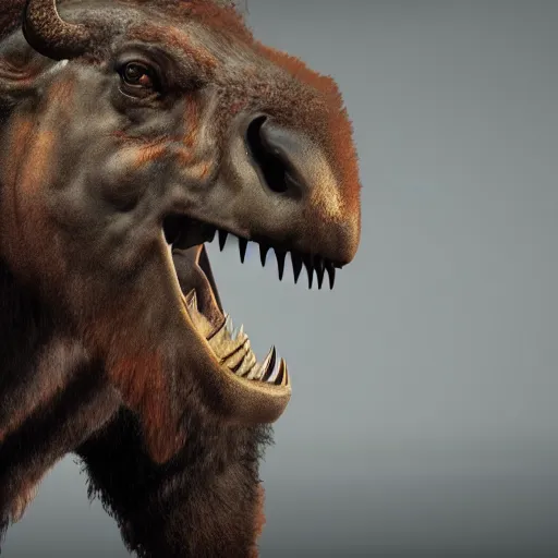 Prompt: A mix of a bison and a tyrannosaurus rex, highly detailed, 8k, Unreal Engine render