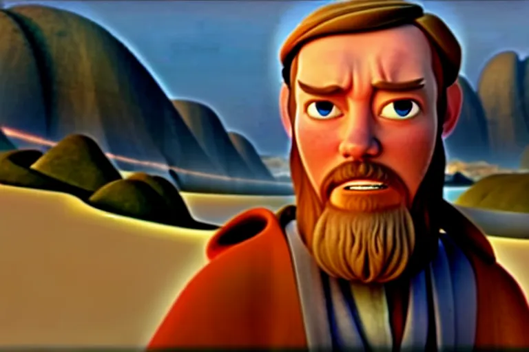 Image similar to obi wan kenobi, screenshot in a typical pixar movie, josh black