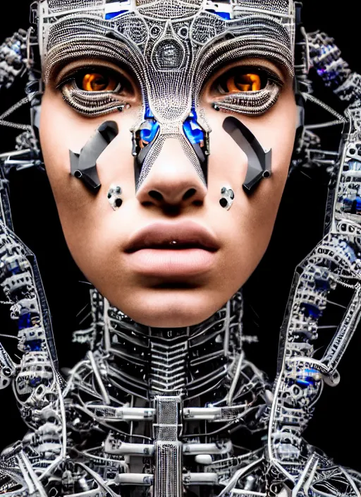 Image similar to a stunning young female cyborg profile face, face is made intricate tribal bio - mechanical, editorial photography, shot on 7 0 mm, depth of field, f / 2. 8, high contrast, 1 6 k, rays of shimmering light, volumetric lighting, shiny, insanely detailed and intricate, hypermaximalist, elegant, ornate, hyper realistic, super detailed