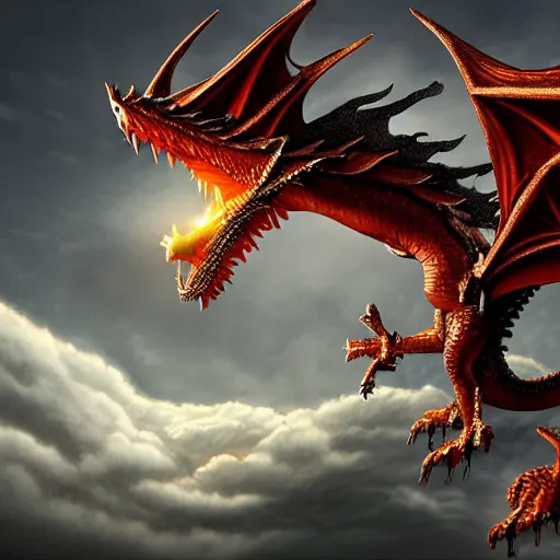 Image similar to legendary dragon made of clockwork, flying through the clouds, dramatic lighting, fantasy