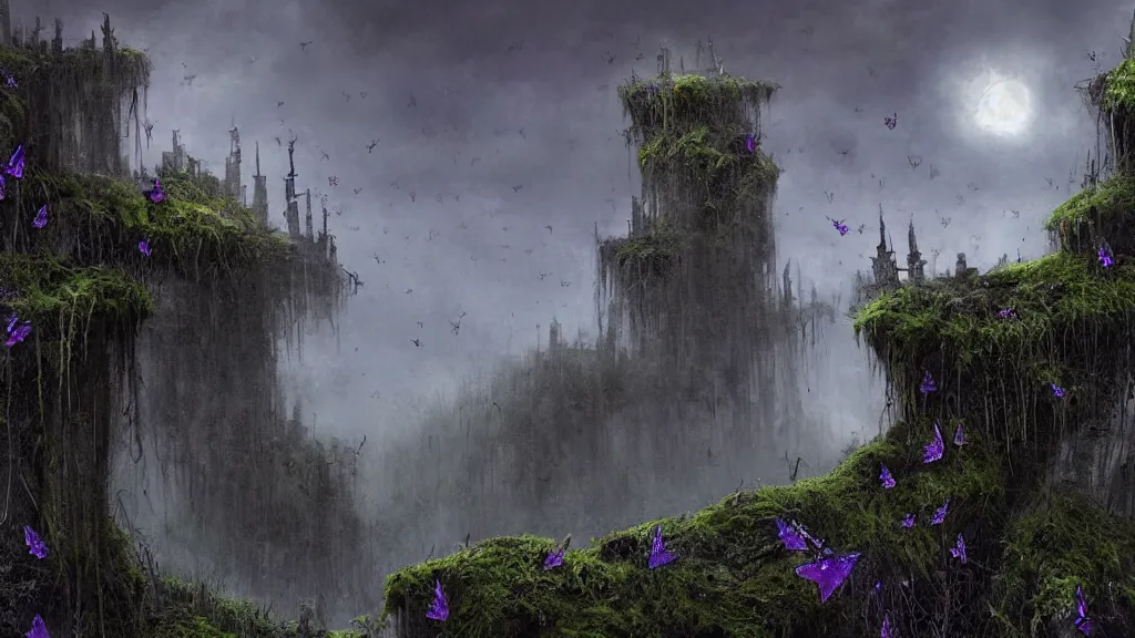 Prompt: a very dark and gloomy sky pierced by gnarly dark towers made of larvas on a ruin with moss, with tiny purple glowing butterflies, digital painting, sharp, by James Zapata