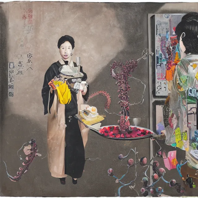 Image similar to a portrait in a dark laneway in tokyo, a woman holding pancakes, berries dripping, scientific instruments, ikebana, octopus, neo - expressionism, surrealism, acrylic and spray paint and oilstick on canvas