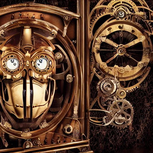 Image similar to steampunk phantom of the opera, hyper realistic, theatrical lighting, 8k resolution, highly detailed