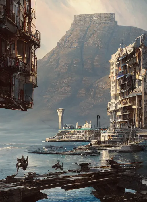 Image similar to hyper realistic robot attacking cape town city harbor beautiful details, strong composition, poster painted by greg rutkowski, james gurney and greg rutkowski weta studio, and lucasfilm and best of artstation