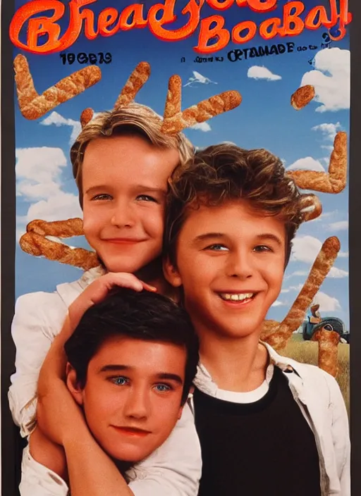 Image similar to a movie poster for a 1985 romantic comedy movie called Bread Boys, about two boys who bake bread, designed by John Alvin