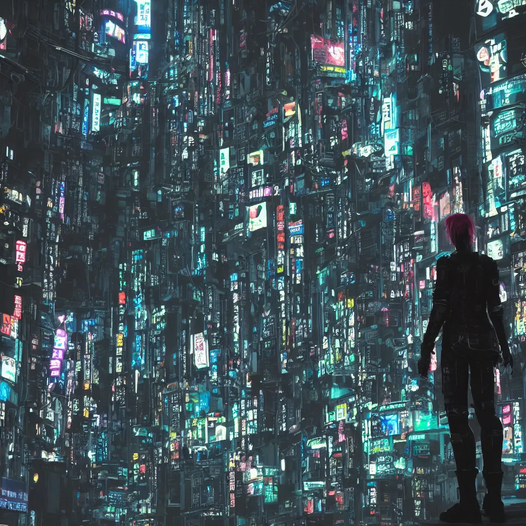 Image similar to cyberpunk android standing in a dark alley looking out to the city in future tokyo at night