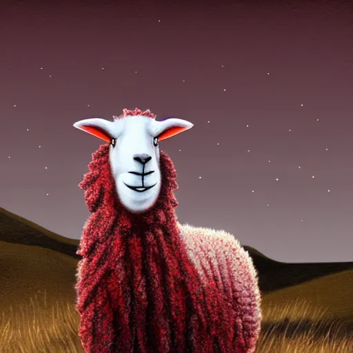 Image similar to Sheep with red whool and pointy vampire teeth, ambient lighting, highly detailed, mystic, tpg artwork