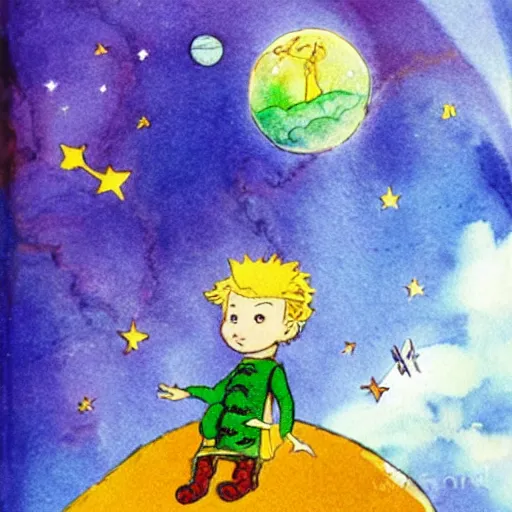 Image similar to the little prince on a little crystal planet floating in space, watercolors by antoine de saint exupery