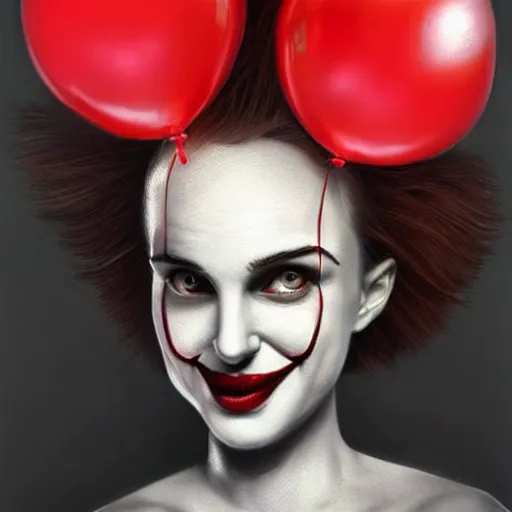 Prompt: surrealism grunge cartoon portrait sketch of natalie portman with a wide smile and a red balloon by - michael karcz, loony toons style, pennywise style, horror theme, detailed, elegant, intricate