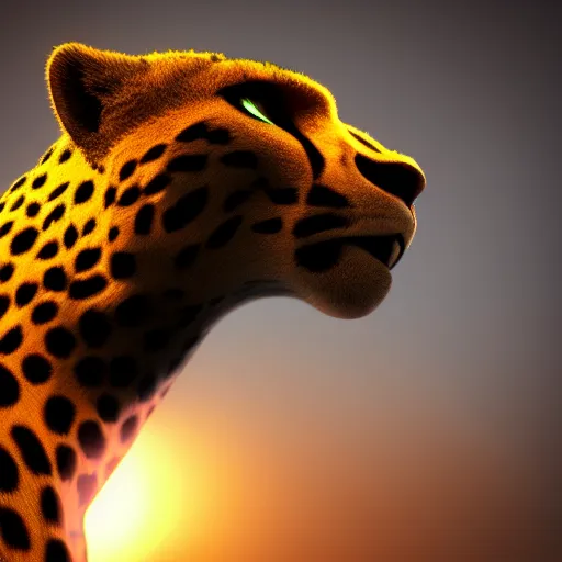 Prompt: closeup profile shot of a neon cheetah, city lights, strong bokeh, dramatic, cinematic, high contrast, octane render, cgsociety, artstation, 4k