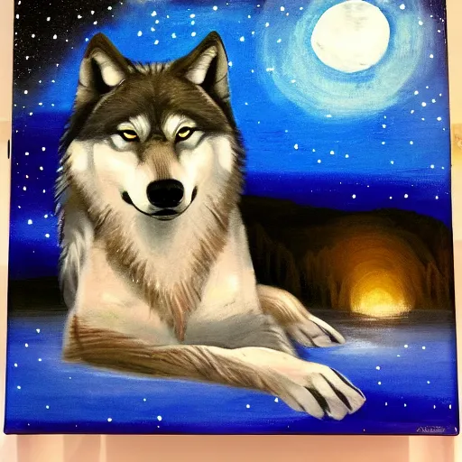 Image similar to wolf okami resting under a sky full of stars, by a deep!! river, calm, acrylic on canvas