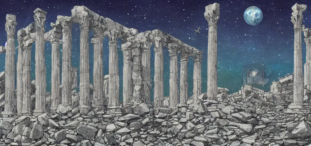 Prompt: The ruins of the Silver Millennium on the moon from Sailor Moon, digital painting, Earth in the distance, Greek-esque columns and ruins