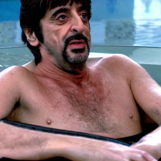 Prompt: al pacino scarface hot tub scene, except he wears cat ears and plays valorant on a laptop