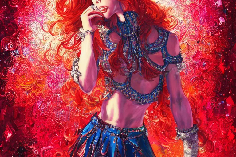 Prompt: a beautiful dancer with red hair in 1970's fashion, disco room background, intricate, highly detailed, digital painting, artstation, official media, anime key visual, concept art, rich vivid colors, ambient lighting, sharp focus, illustration, art by Ayami Kojima