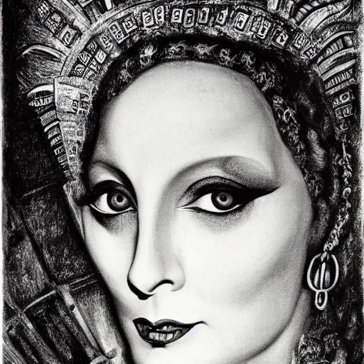 Prompt: Close-up of Norma Desmond, pencil drawing. El Greco, Remedios Varo, Salvador Dali, Carl Gustav Carus, John Atkinson Grimshaw. Blue tint. Symetrical, logo, geometric shapes.