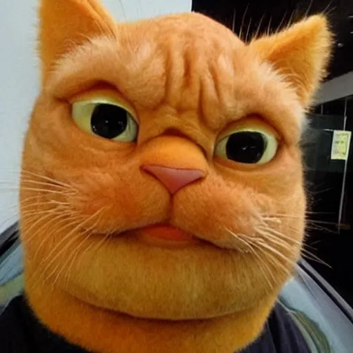 Prompt: bald garfield in real life, garfield has no hair on the top of his head, bald spot on his head, photo
