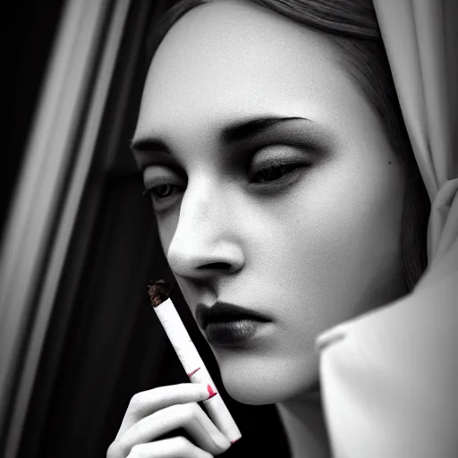 Image similar to black and white photography of highly detailed beautiful depressed Woman with detailed face in the heroine chique style standing by the window and smoking a cigarette with beautiful hand Rendered in Blender and Octane Render volumetric natural light