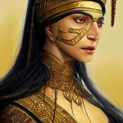 Prompt: painted portrait of tomyris, central asian queen of massagetae, black hair, mature, aesthetic, muscular, beautiful, fantasy, intricate, elegant, highly detailed, digital painting, artstation, concept art, smooth, sharp focus, illustration