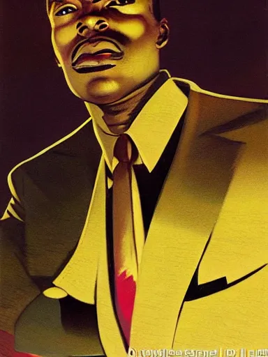 Image similar to pulp magazine illustration of a black man in a suit smoking, cinematic view, dynamic lighting, volumetric lighting, mysterious highly detailed, smooth, digital painting, symmetrical, art by vincent di fate, kehinde wiley, artem demura, frazetta