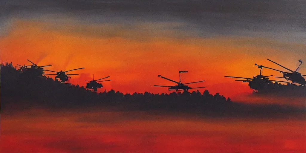 Prompt: Painting of vietnam Huey Helicopters, above a forest, orange sun set, abstract, realism, high details, glow, far, distance, over the horizon, drawn