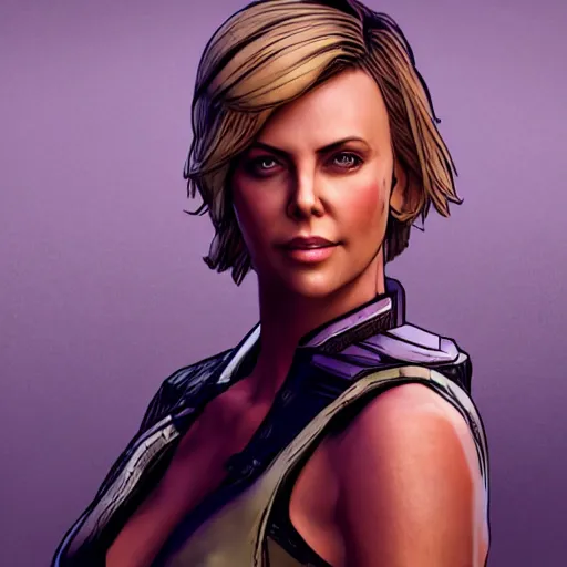 Image similar to charlize theron portrait, borderlands, tales from the borderlands, the wolf among us, comic, cinematic lighting, studio quality, 8 k