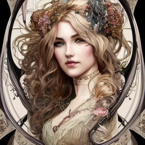 Image similar to a photograpic portrait of a pretty woman, steampunk, fantasy, intricate, elegant, highly detailed, digital painting, artstation, concept art, smooth, sharp focus, illustration, art by artgerm and H R Giger and alphonse mucha