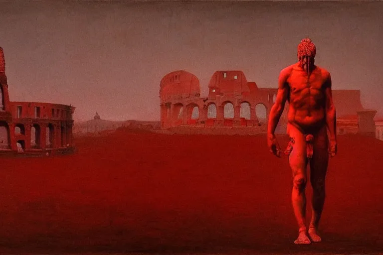 Image similar to only with red, caesar after win war, the deal, a red tiger, in hoc signo vinces, rome in background, an ancient path, in the style of beksinski, part by hopper, part by rodcenko, part by hofbauer, intricate composition, red by caravaggio, insanely quality, highly detailed, masterpiece, red light, artstation