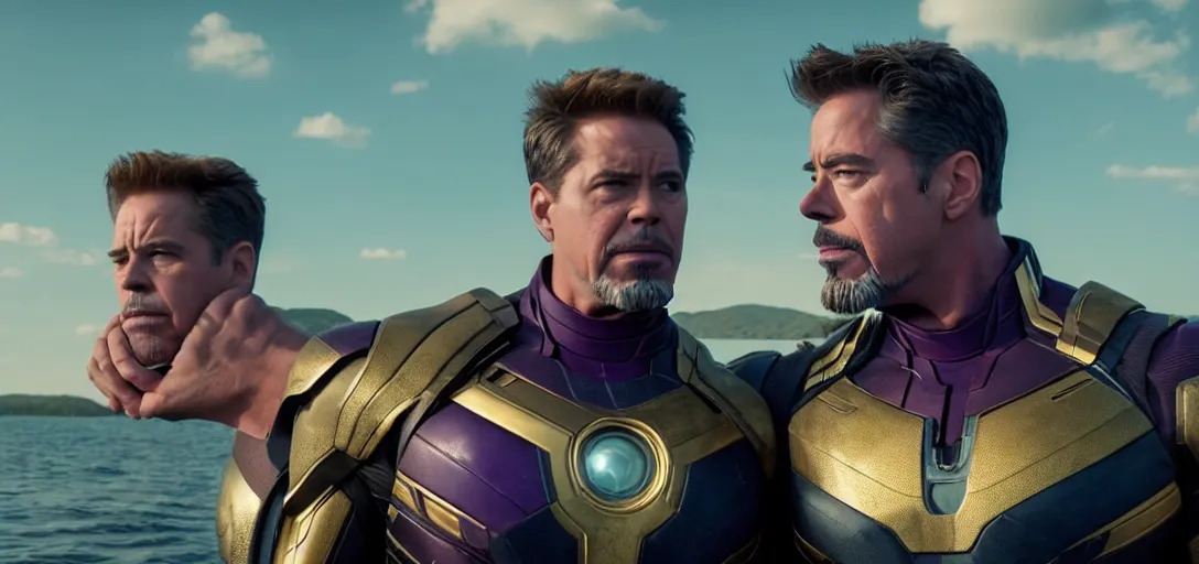 Image similar to a very high resolution image from a new movie. thanos kissing tony stark on a lake, photorealistic, photography, directed by wes anderson