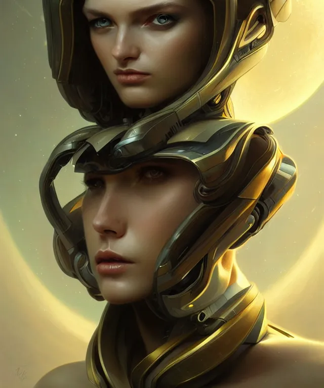 Image similar to futuristic android portrait, sci-fi, amber eyes, face, long hair, fantasy, intricate, elegant, highly detailed, digital painting, artstation, concept art, smooth, sharp focus, illustration, art by artgerm and greg rutkowski and alphonse mucha