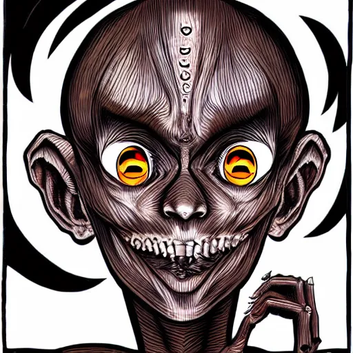 Image similar to a dark brown humanoid, hyper detailed, in the style of junji ito and and junji ito and junji ito, selfie