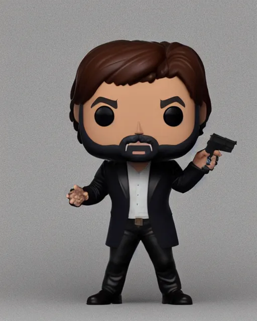 Image similar to full body 3d render of John Wick as a funko pop, studio lighting, white background, blender, trending on artstation, 8k, highly detailed