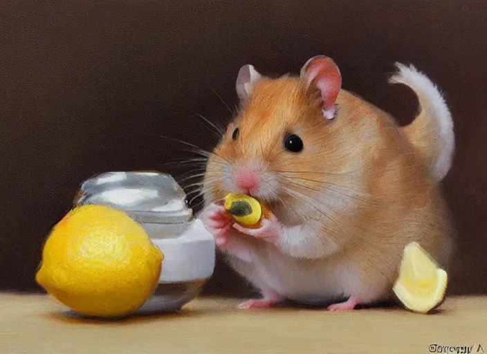 Prompt: a highly detailed beautiful portrait of a cute little hamster eating lemon, by gregory manchess, james gurney, james jean