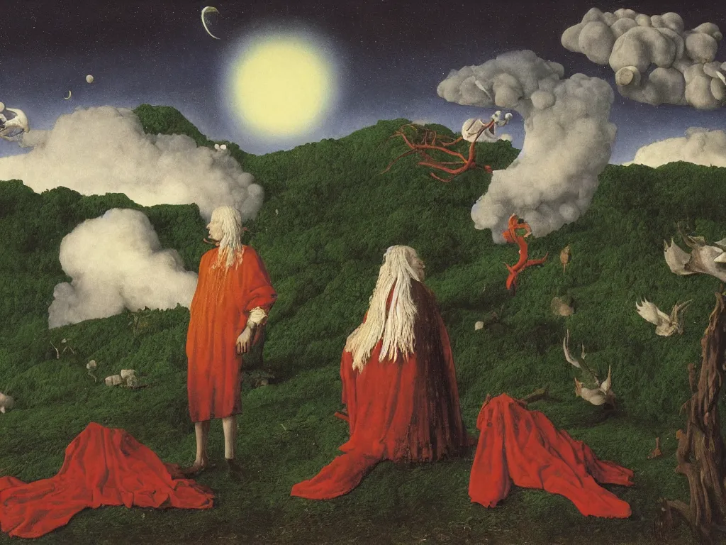 Image similar to albino mystic, with his back turned, looking at a comet over the forest in the distance. Painting by Jan van Eyck, Audubon, Rene Magritte, Agnes Pelton, Max Ernst, Walton Ford